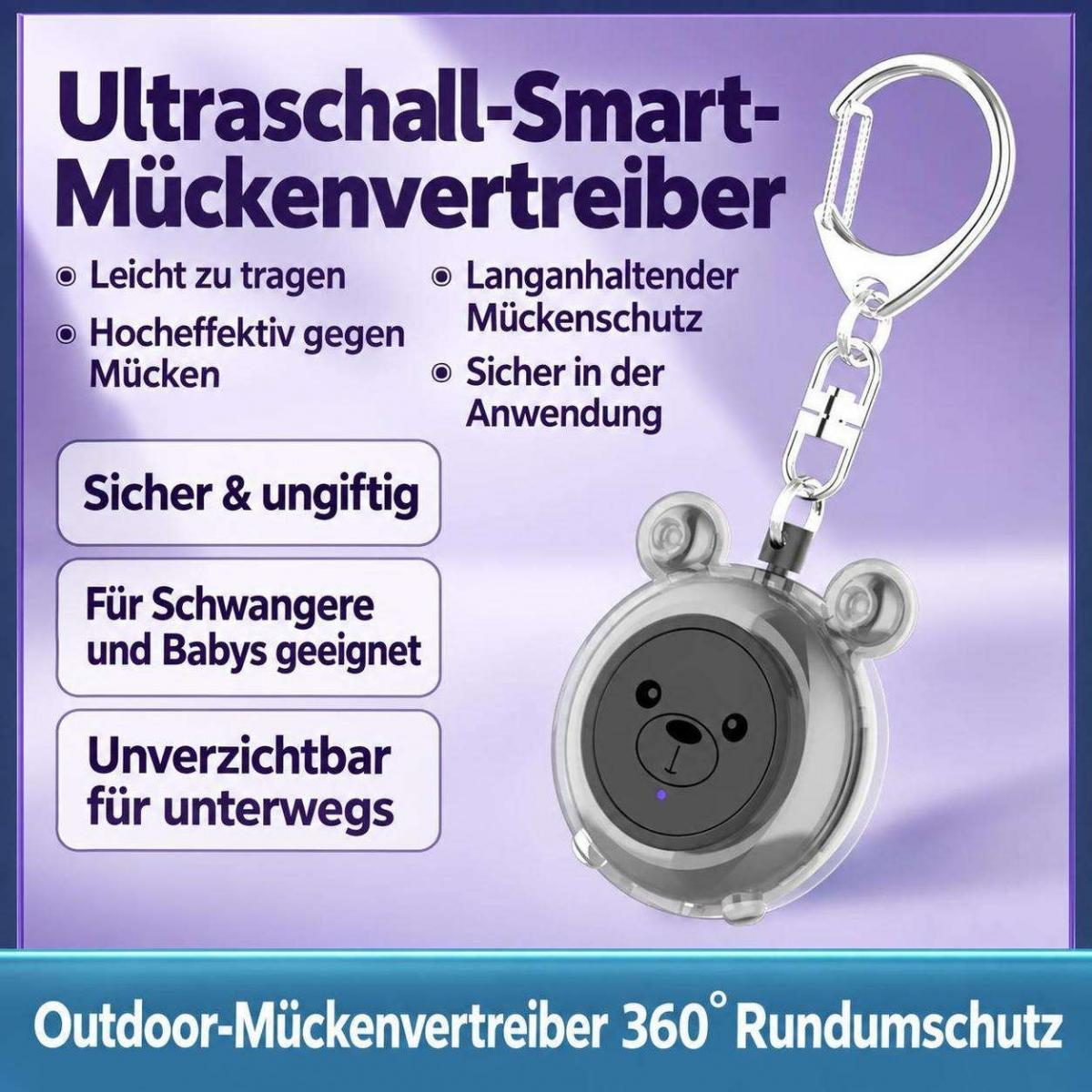 Ein tragbarer Ultraschall-Mückenvertreiber mit Bärenmotiv, Schlüsselanhänger und deutscher Werbung auf lila Hintergrund.