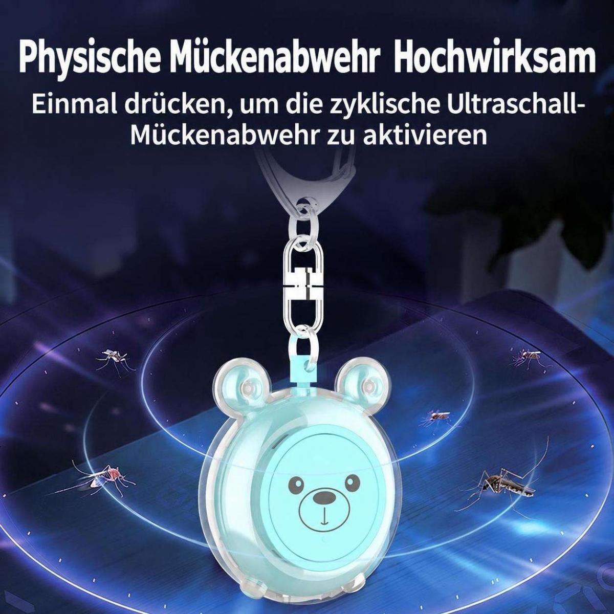 Ein blauer Bären-Schlüsselanhänger zur Mückenabwehr mit Ultraschall und deutscher Werbebeschriftung.