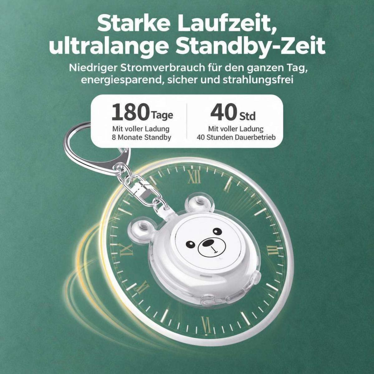 Grünes Werbebild für ein Bären-Schlüsselanhänger-Gadget mit Batteriedauer-Text.