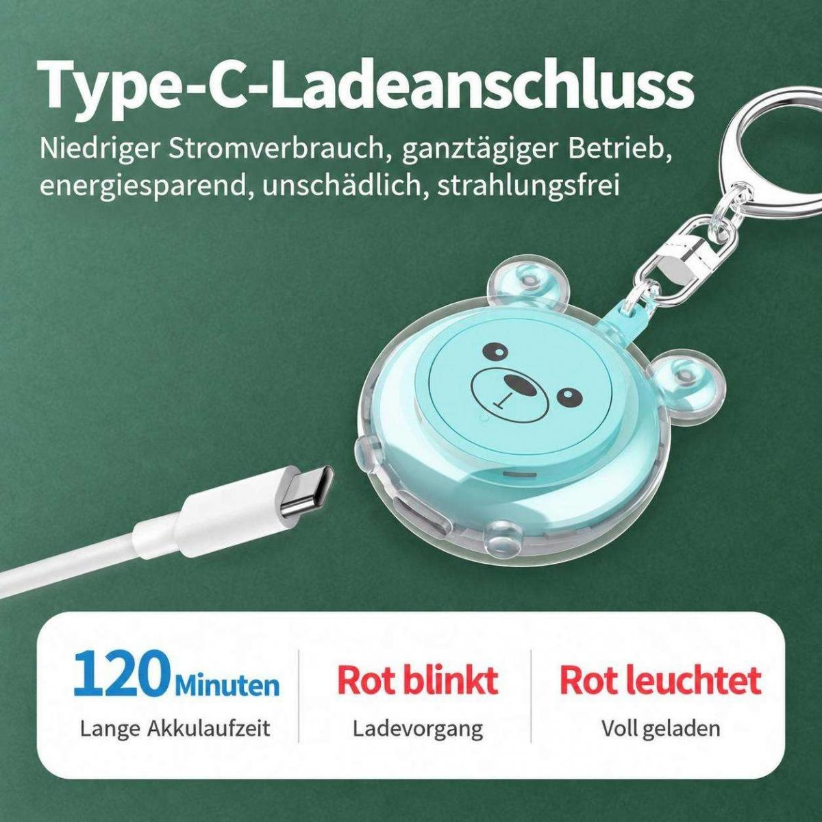 Türkisblauer Bären-Schlüsselanhänger mit Typ-C-Ladekabel und Text auf grünem Hintergrund.