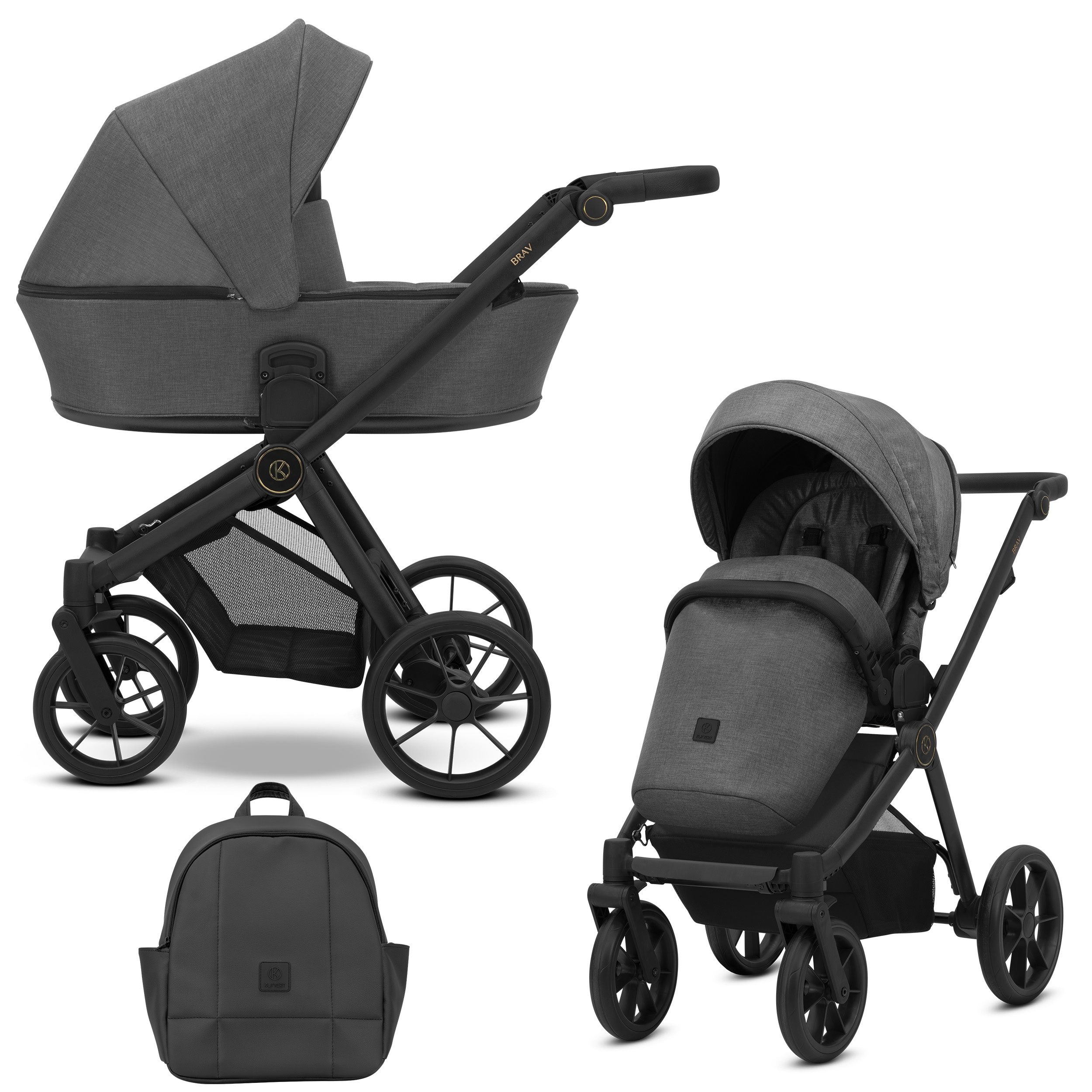 Ein grauer Kombikinderwagen mit schwarzem Gestell, verstellbarem Sitz, Babyschale und passendem Wickelrucksack.