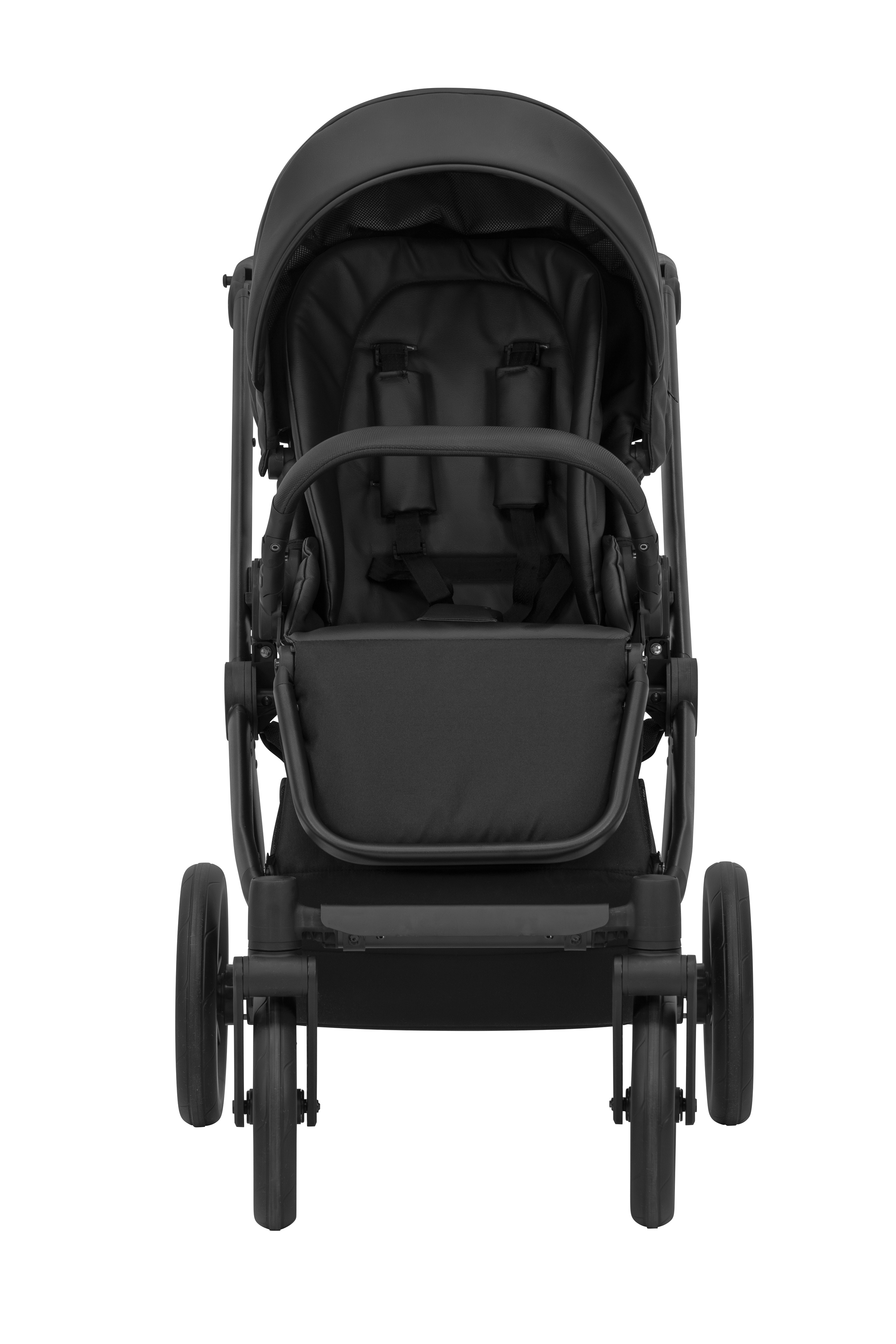 Ein moderner, schwarzer Kinderwagen mit Schutzdach und vier Rädern vor weißem Hintergrund.