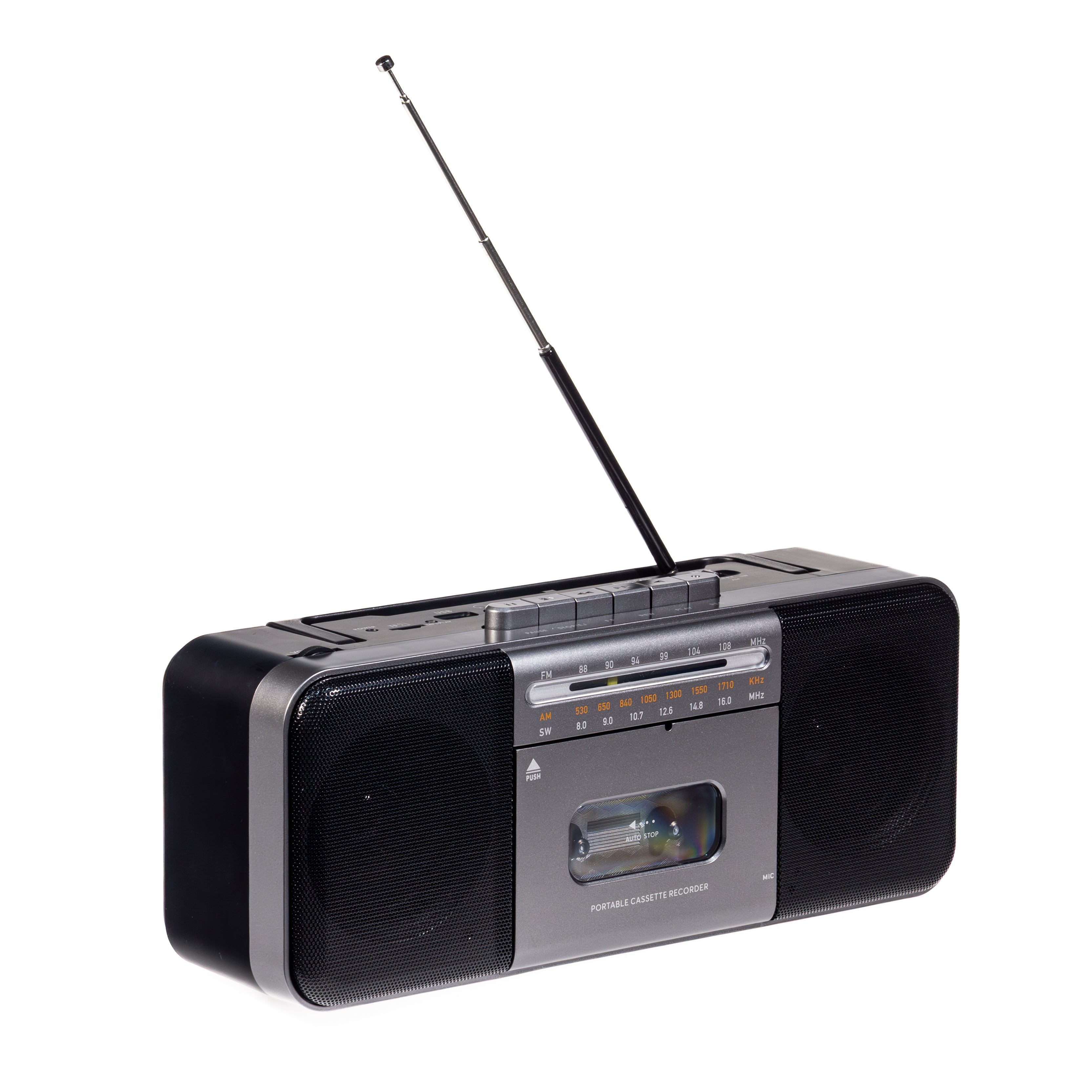 Ein schwarz-grauer Kassettenrekorder mit ausziehbarer Antenne, zwei Lautsprechern und Skala.