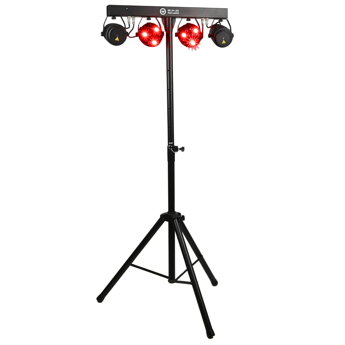 Ein schwarzes Stativ hält eine Lichtleiste mit vier Lichtern, von denen zwei rot leuchten.