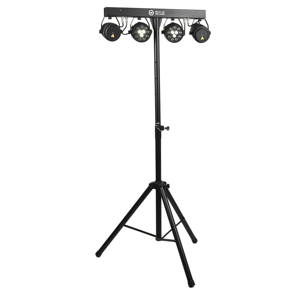 Ein schwarzes Stativ mit einer LED-Lichtleiste und vier Scheinwerfern.