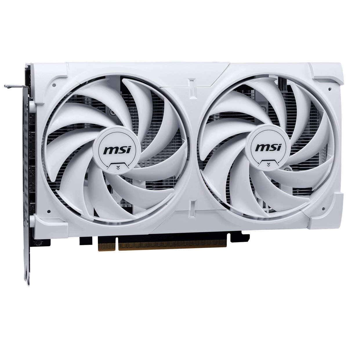 İki büyük soğutma fanı ve gümüş renkli soğutucu blokları olan beyaz bir MSI ekran kartı.