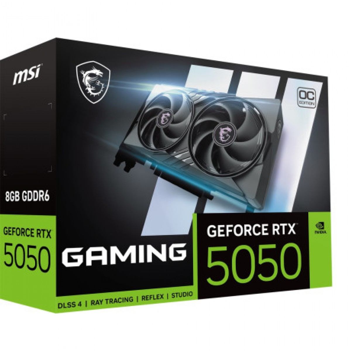 Siyah ve yeşil kutu içerisinde MSI GeForce RTX 5050 Gaming ekran kartı.