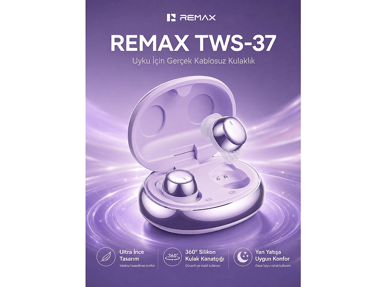 REMAX TWS-37 Sleep Mini Uyum Görünmez & Yan Yatışa Uygun Kablosuz Bluetooth Kulak İçi Kulaklık Mor