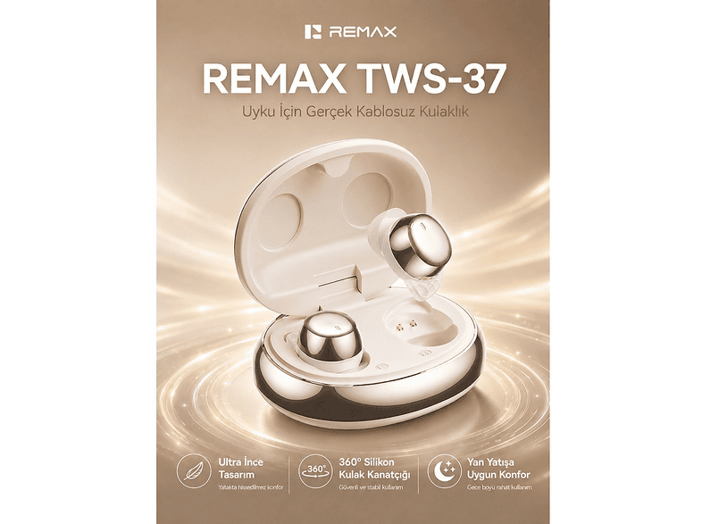 REMAX TWS-37 Sleep Mini Uyum Kulaklığı Görünmez ve Yan Yatışa Uygun Kablosuz Bluetooth Kulak İçi Kulaklık Bej