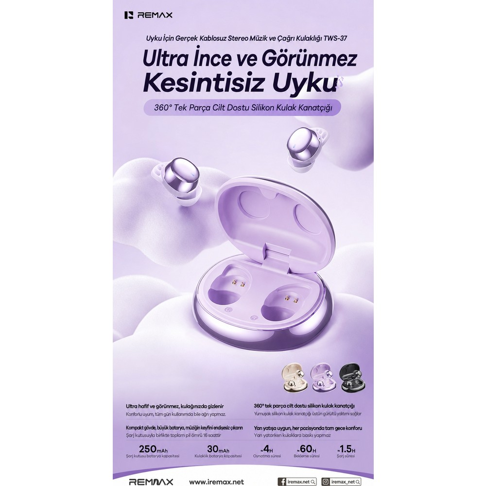 Mor arkaplanda şarj kutulu ve yazılı mor kablosuz kulaklıklar.