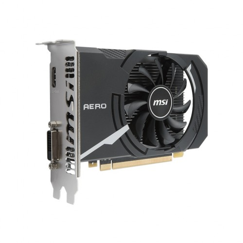 Beyaz arka planda tek fanlı ve metal I/O braketli siyah MSI Aero grafik kartı.
