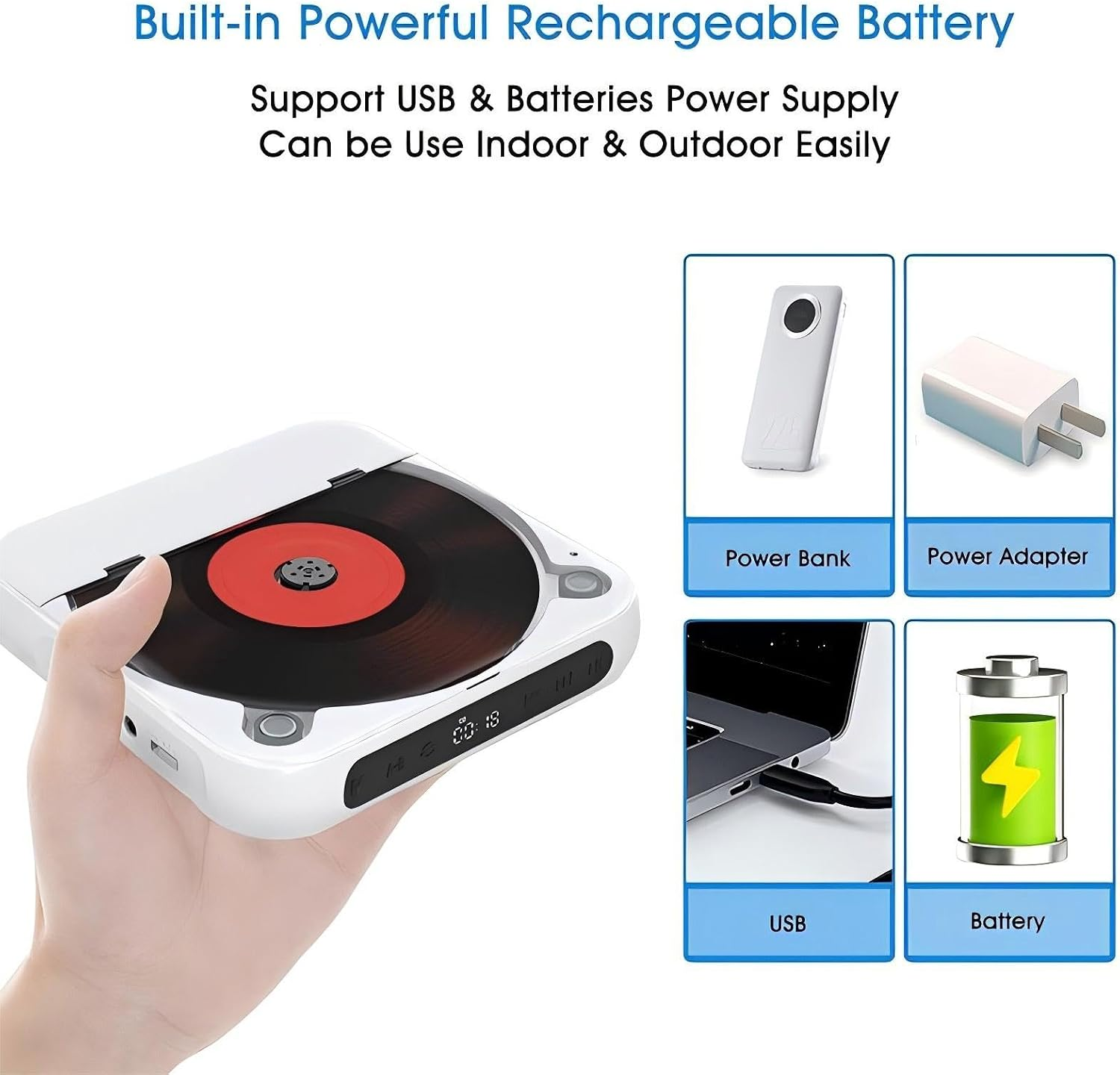 Eine Hand hält einen tragbaren CD-Player, mit Stromquellen im Inset wie Powerbank, Adapter, USB und Akku.