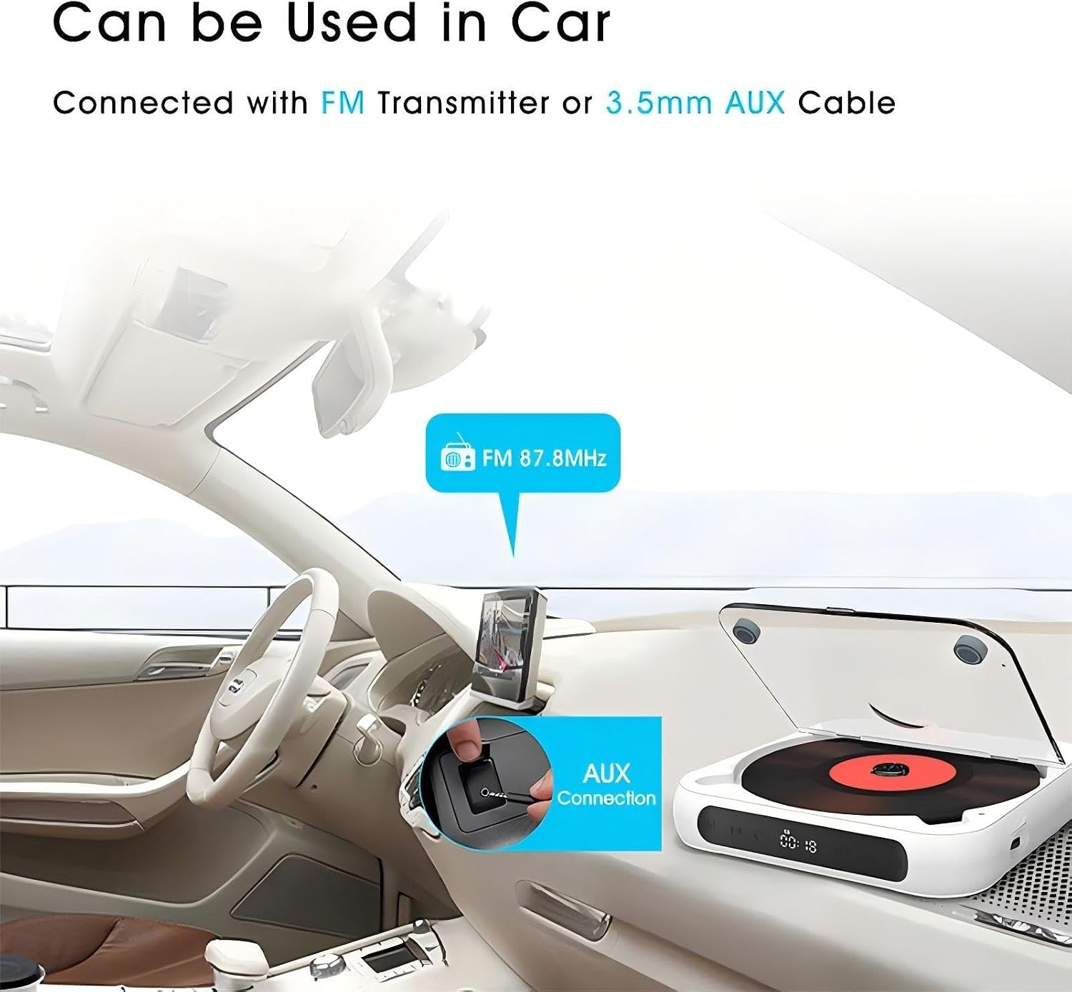 Ein weißer CD-Player im Auto, verbindbar über FM-Sender oder AUX-Kabel.