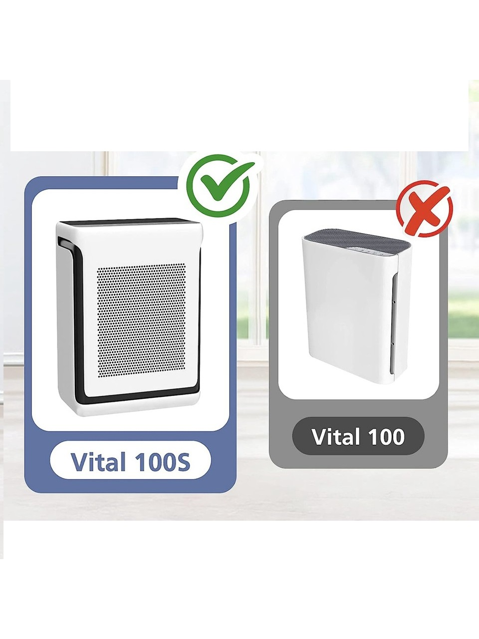 Yeşil tikli Vital 100S hava temizleyici ve kırmızı çarpılı Vital 100 karşılaştırması.
