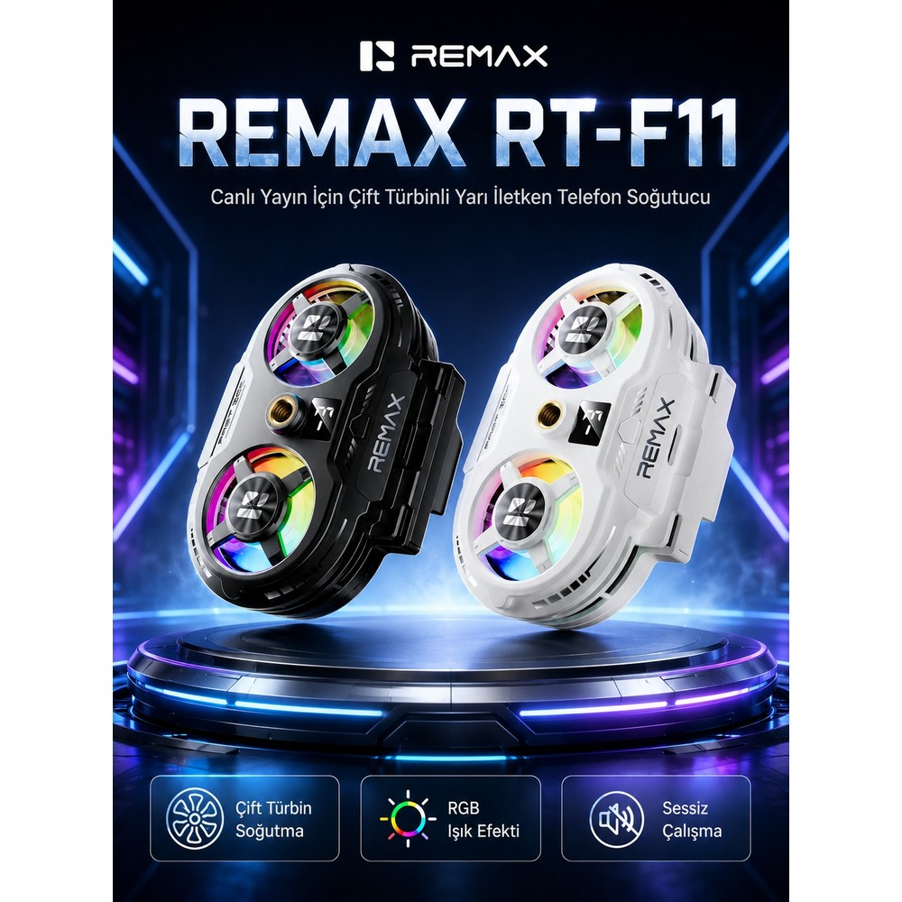 Remax RT-F11 için hazırlanan ve RGB ışıklı siyah ve beyaz telefon soğutucularını gösteren tanıtım görseli.
