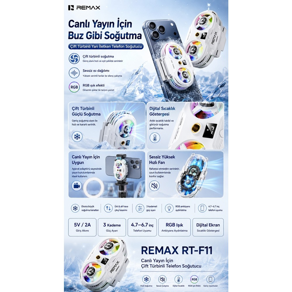 Buzlu arka planda çift RGB fanlı ve dijital göstergeli Remax RT-F11 telefon soğutucusunun tanıtım afişi.