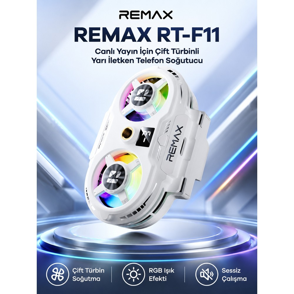Mavi bir podyum üzerinde çift RGB türbinli ve dijital ekranlı beyaz Remax RT-F11 akıllı telefon soğutucusu.