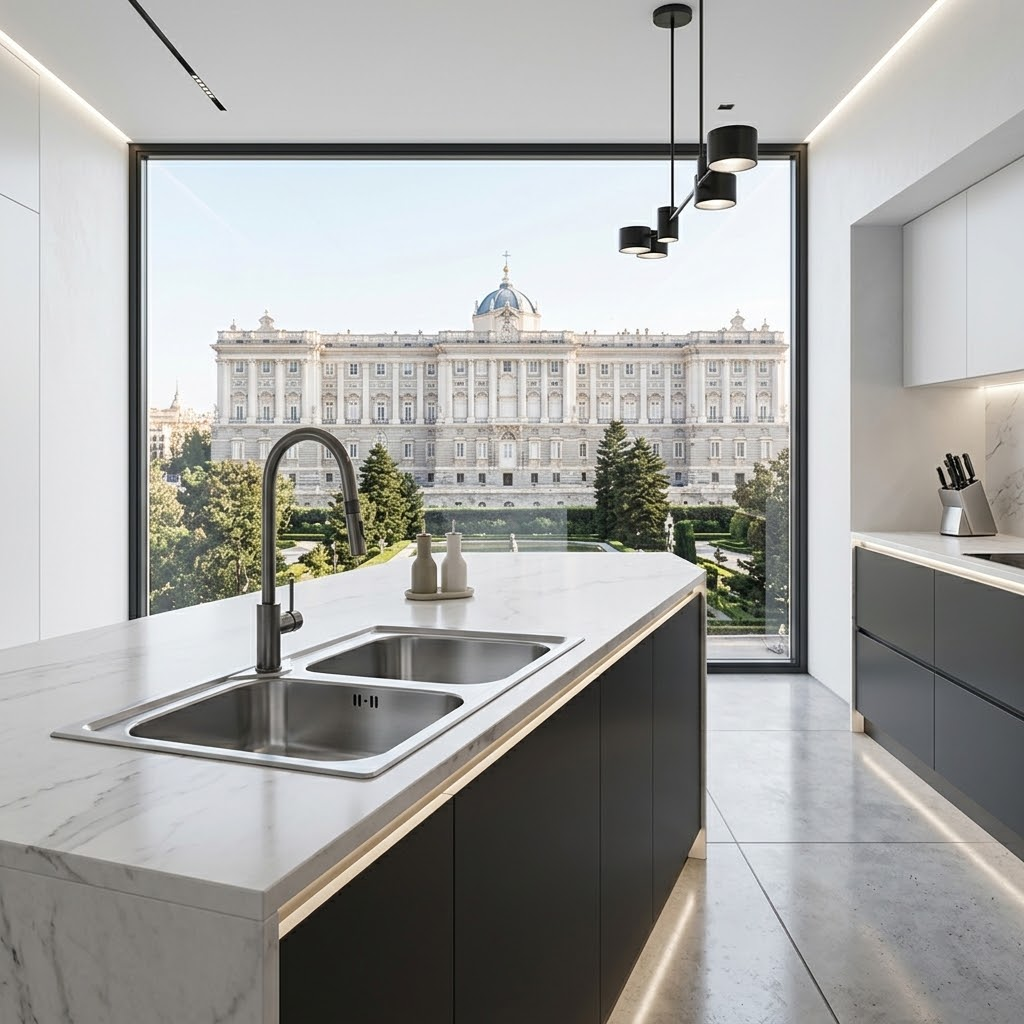 Moderna cucina con isola in marmo, lavello e grande finestra con vista su un palazzo storico.