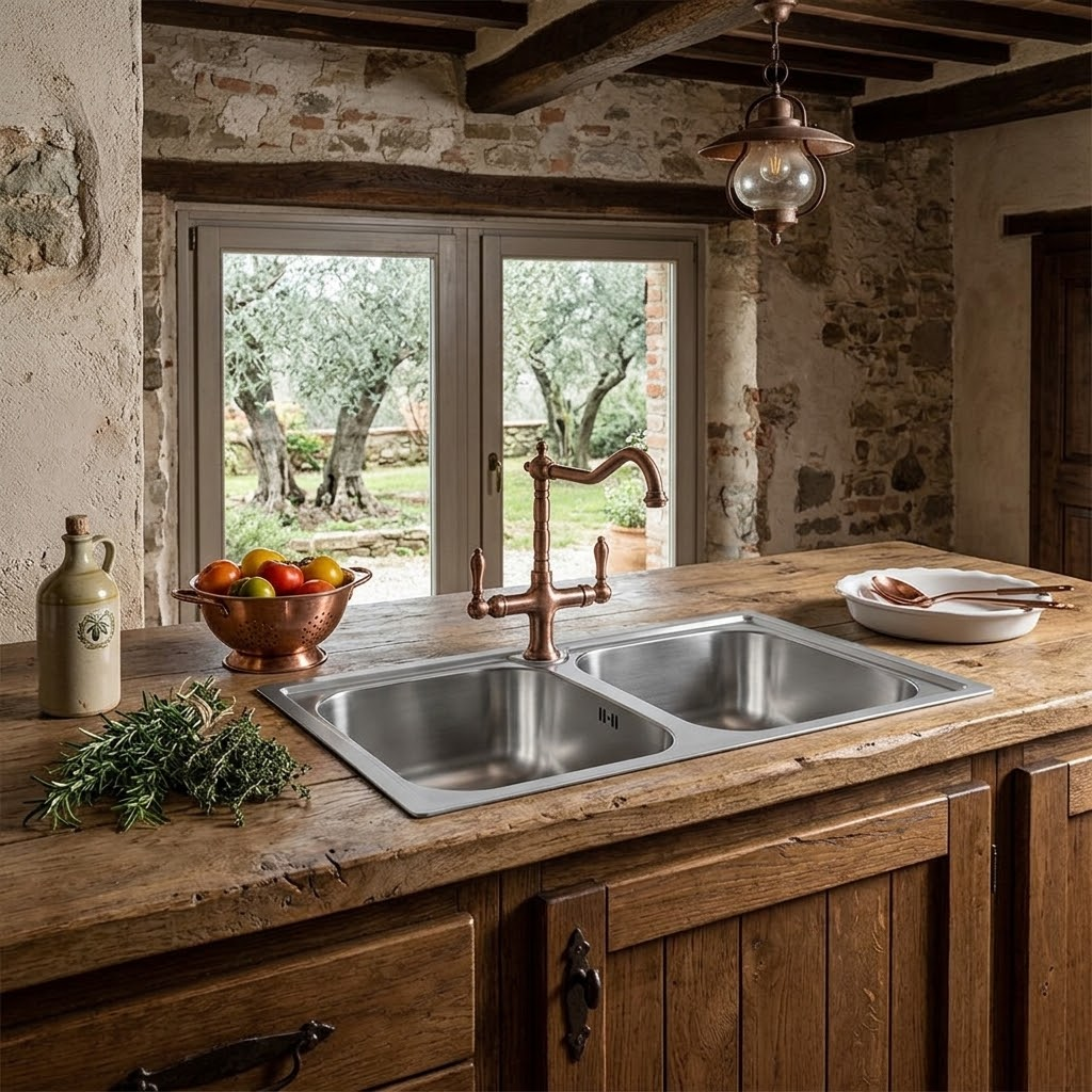 Cucina rustica con isola in legno, lavello in acciaio, rubinetto in rame e uliveto.