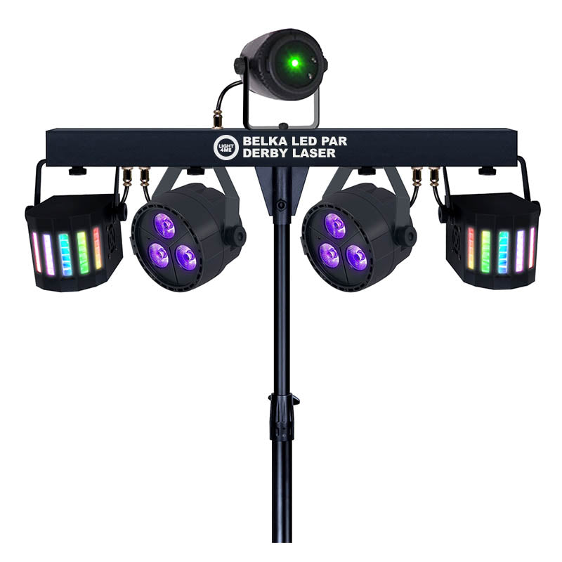 Belka LED Par Derby Laser-Beleuchtungssystem auf einem Ständer mit bunten und grünen Lichtern.
