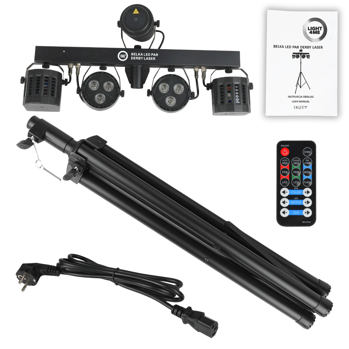 Belka LED Par Derby Laser Lichtsystem mit Stativ, Fernbedienung, Netzteil und Handbuch auf wei#em Hintergrund.