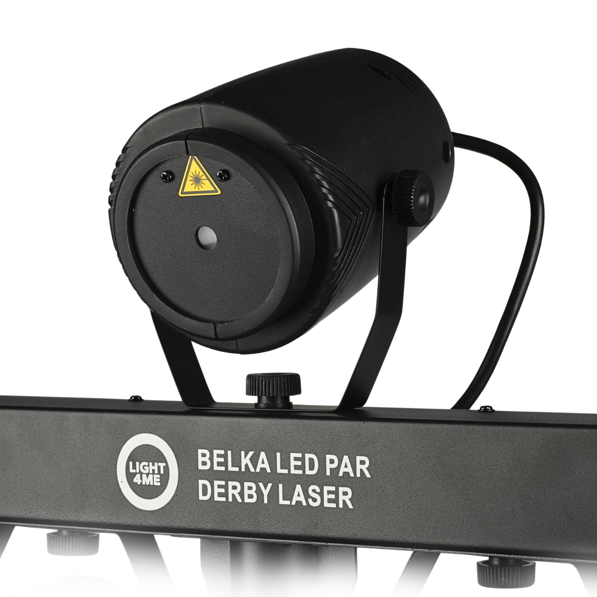 Ein schwarzer Belka LED Par Derby Laser Scheinwerfer auf einer Stange gegen einen weißen Hintergrund.