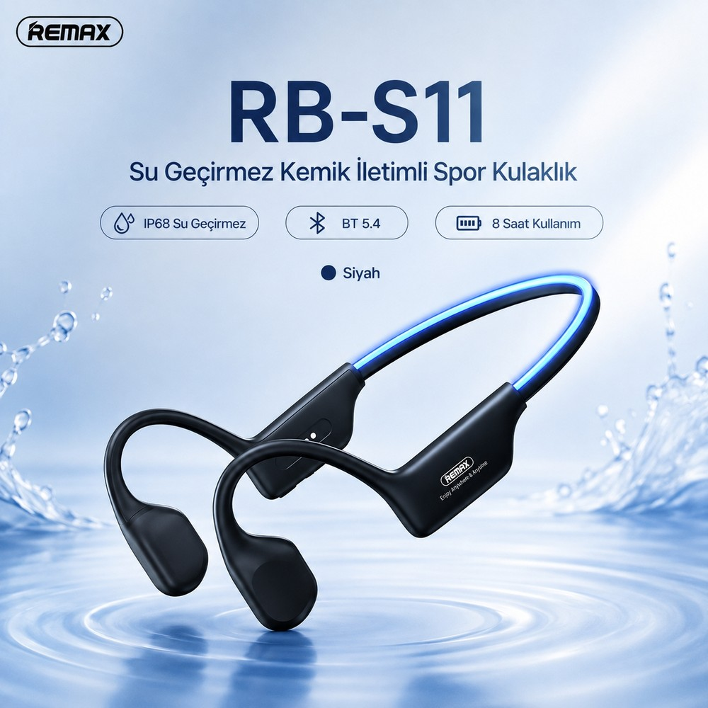 Remax RB-S11 su geçirmez kemik iletimli spor kulaklık, su üzerinde sıçrama efektleri ve yazıyla.