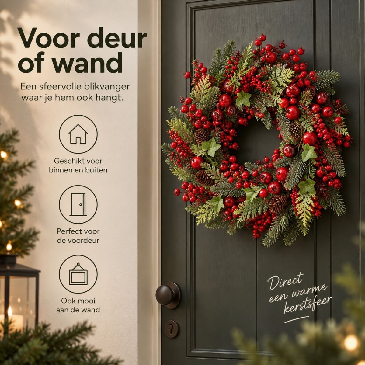 Une couronne de Noël luxuriante avec des baies rouges et du pin sur une porte en bois sombre.