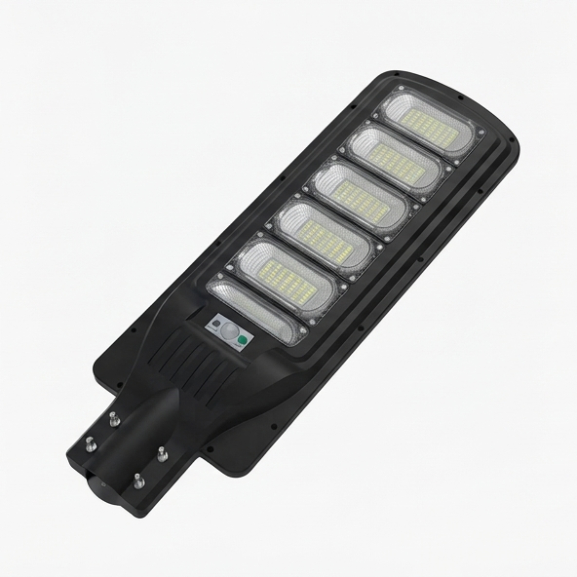 Una farola LED negra con seis paneles de luz y un sensor de movimiento sobre un fondo blanco.