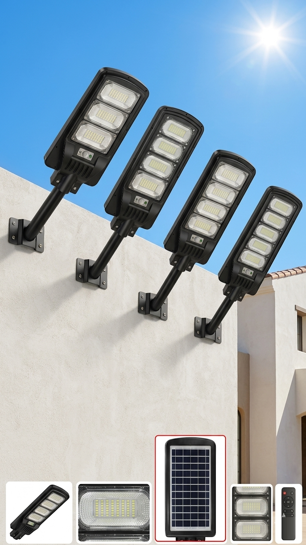 Cuatro farolas solares negras montadas en una pared blanca bajo un cielo azul, con imágenes de detalle.