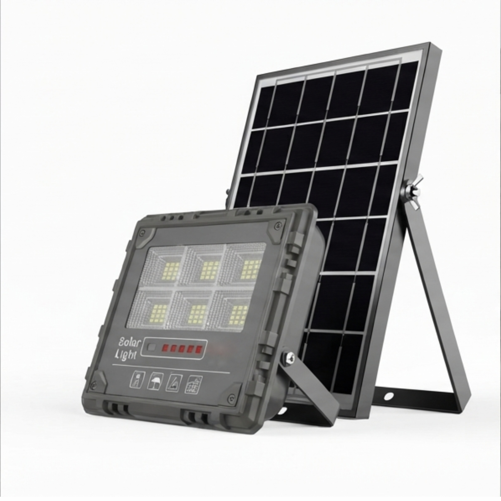 Un proyector LED gris con un panel solar sobre fondo blanco.