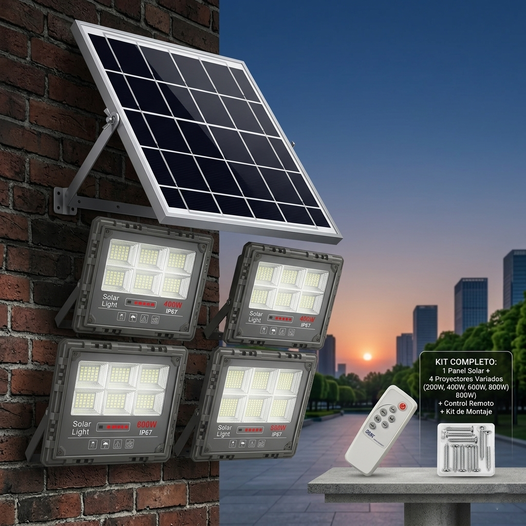 Un panel solar con cuatro focos LED en una pared de ladrillo, incluye control remoto y kit de montaje.