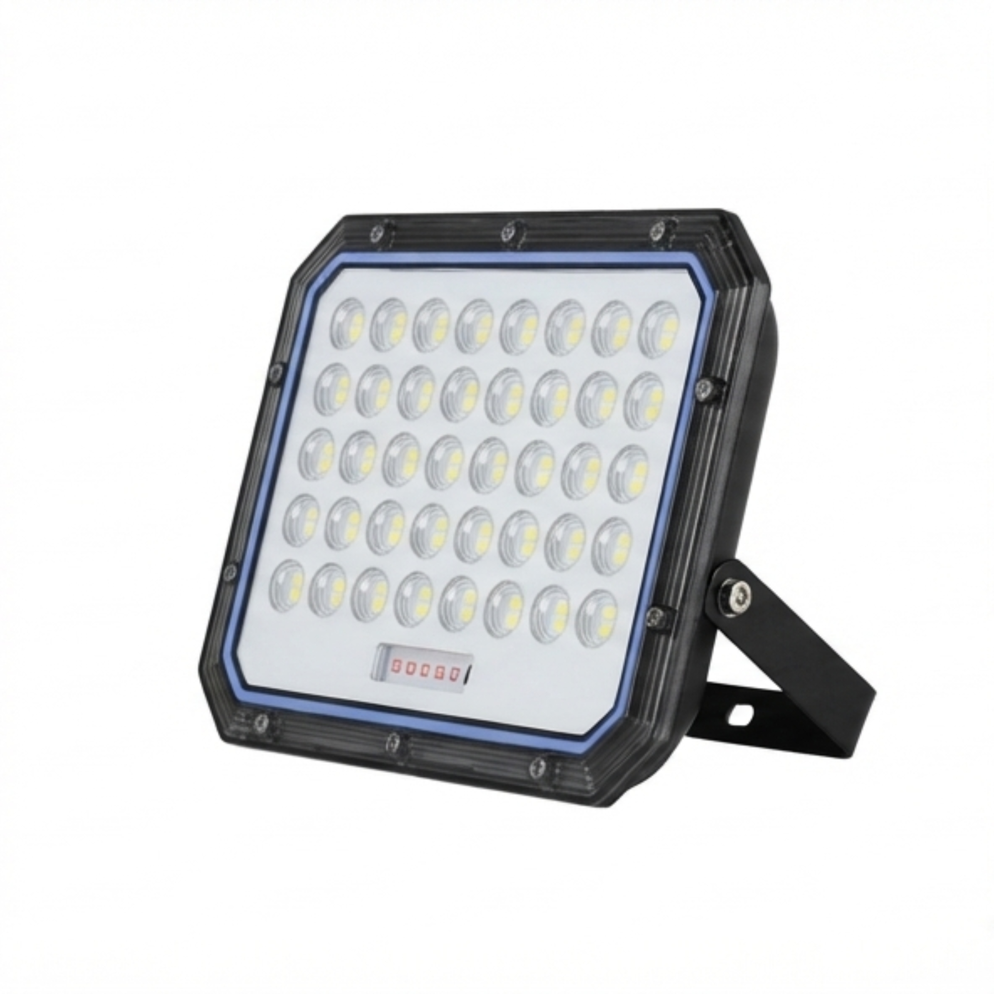 Foco LED rectangular negro con múltiples lentes redondas pequeñas y soporte de metal sobre fondo blanco.