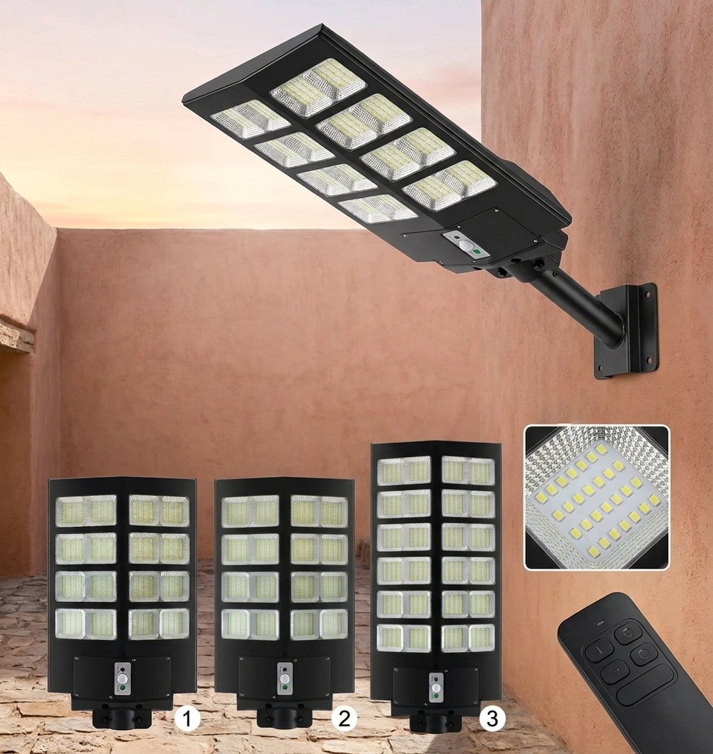 Farola solar con paneles LED, soporte, control remoto y primer plano de los LED en una pared.