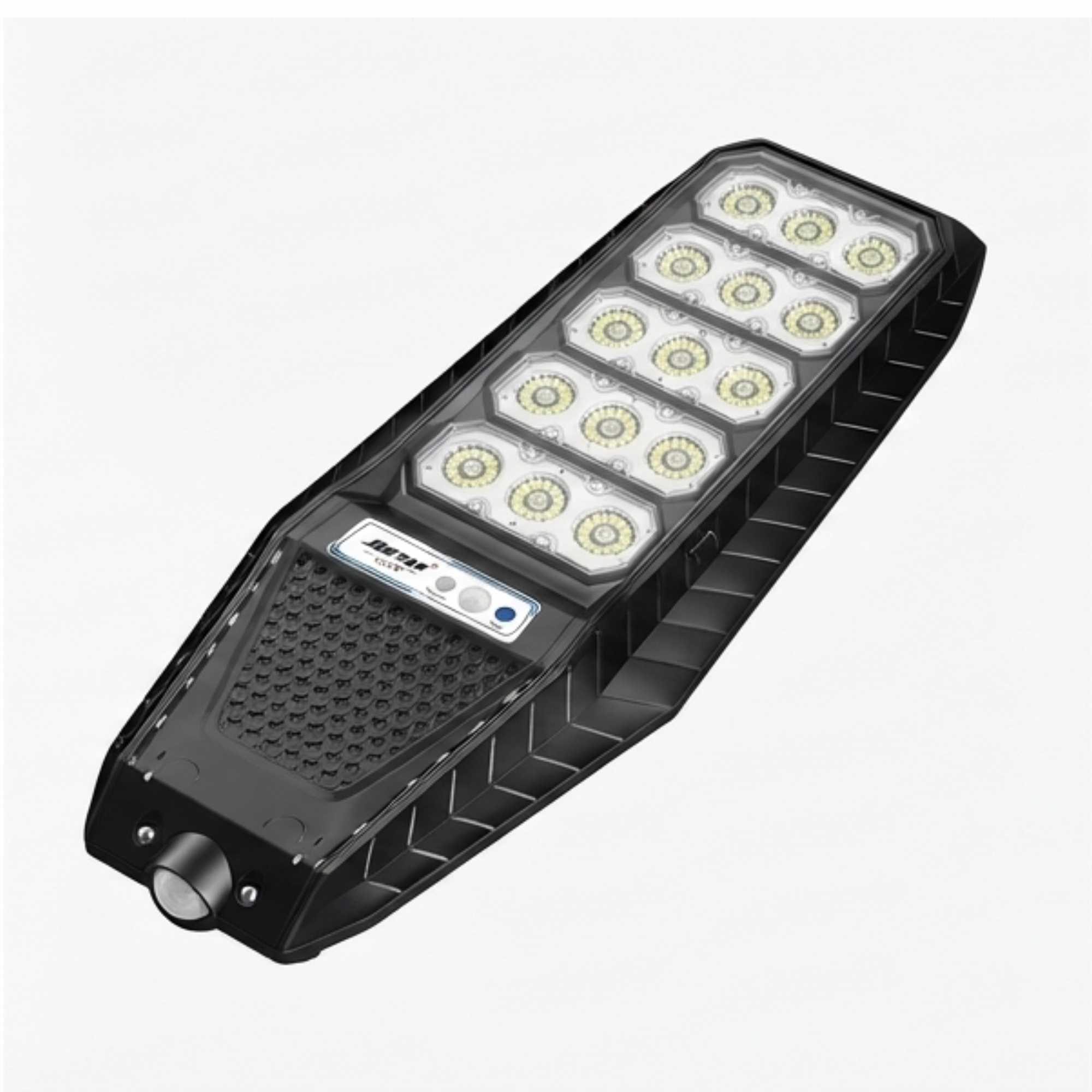 Farola LED negra con múltiples módulos de luz y un sensor sobre fondo blanco.