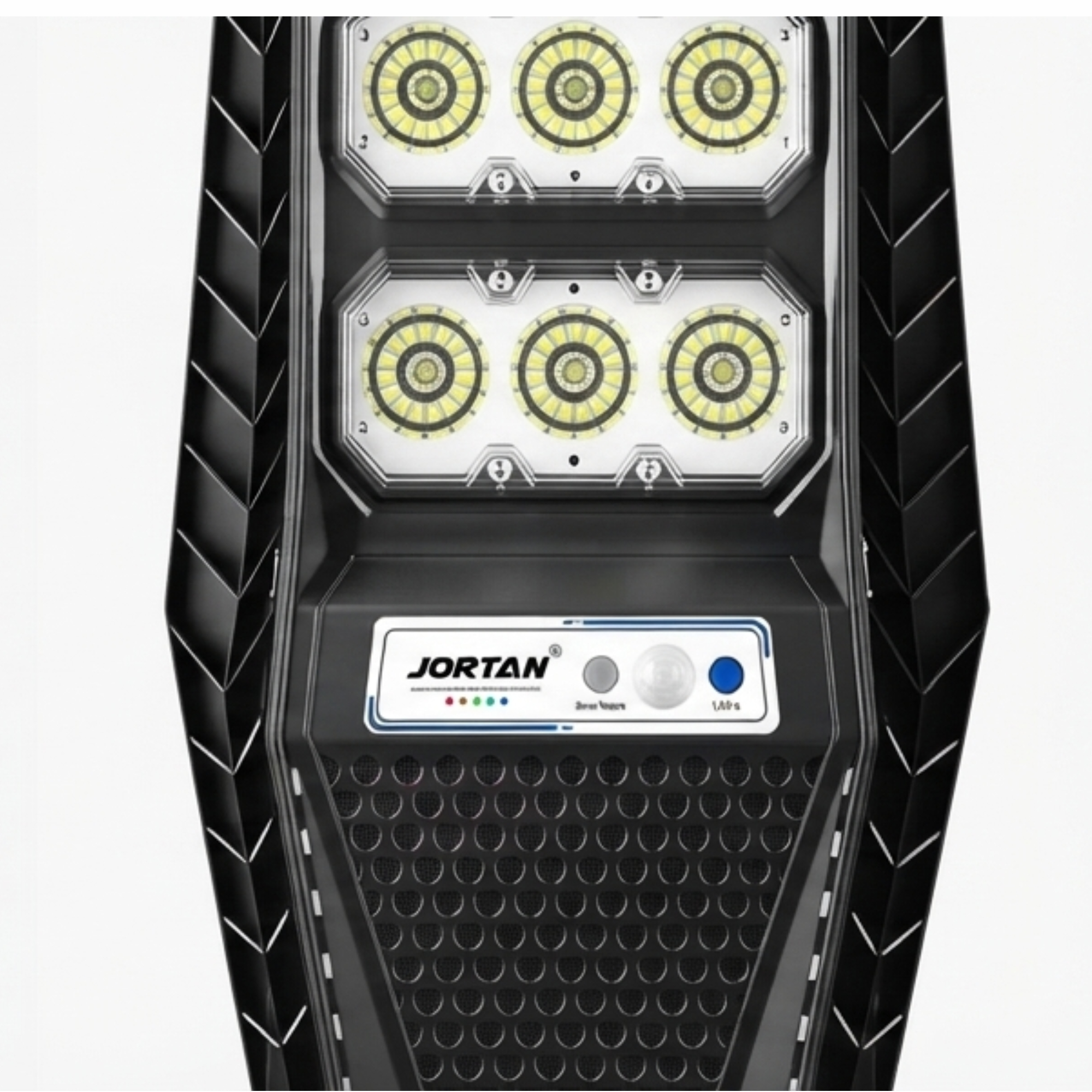 Farola LED Jortan negra con dos paneles de luz y sensores.