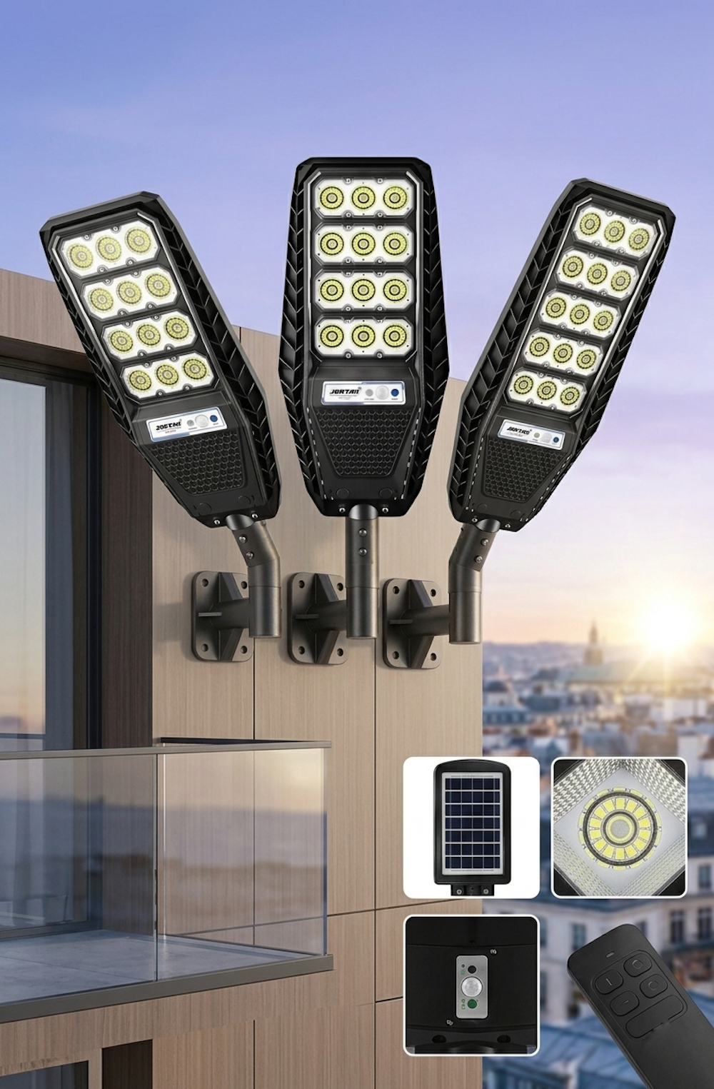 Tres farolas solares LED montadas en una pared con recuadros de panel solar, primer plano de LED, sensor y control remoto.