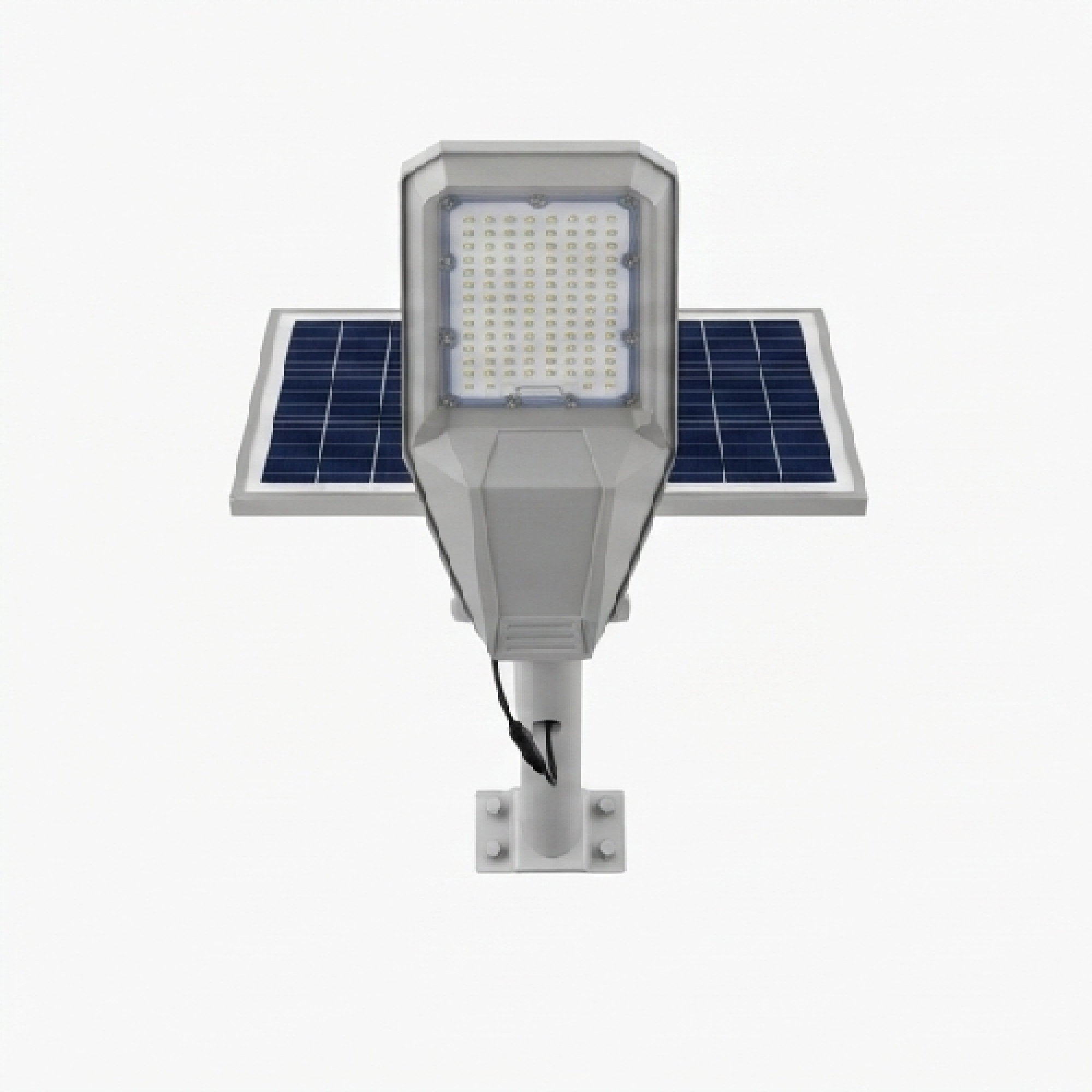 Una farola solar gris con panel LED y un pequeño panel solar al fondo, aislada en blanco.