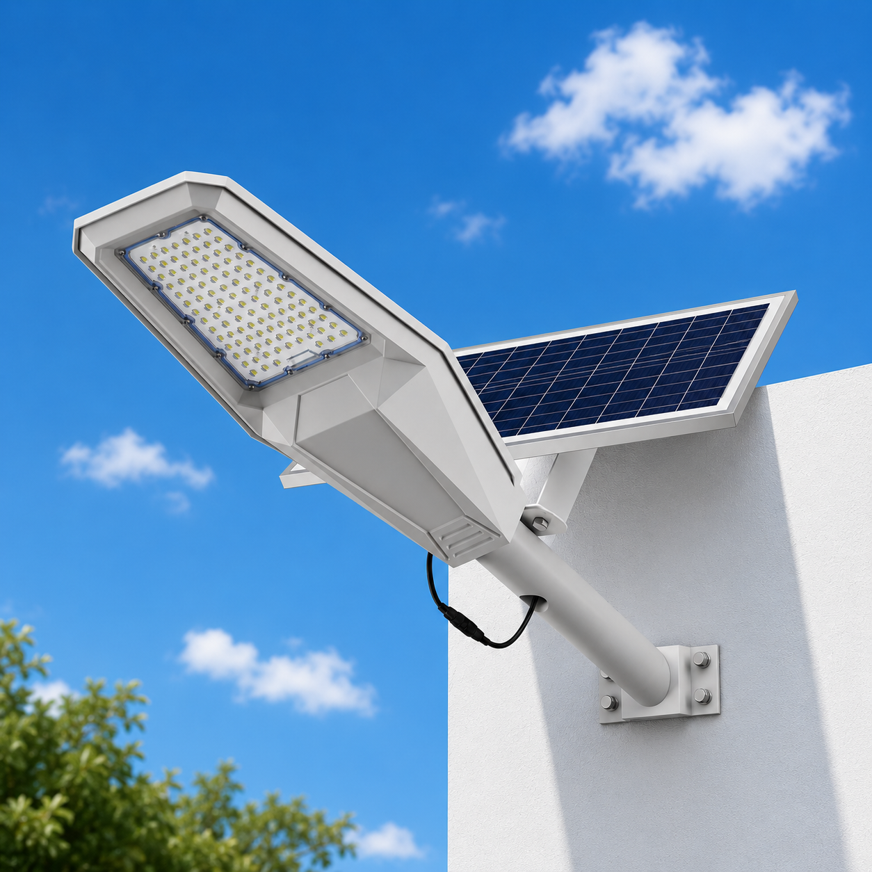 Una farola solar con un panel adjunto está montada en una pared blanca contra un cielo azul con nubes.