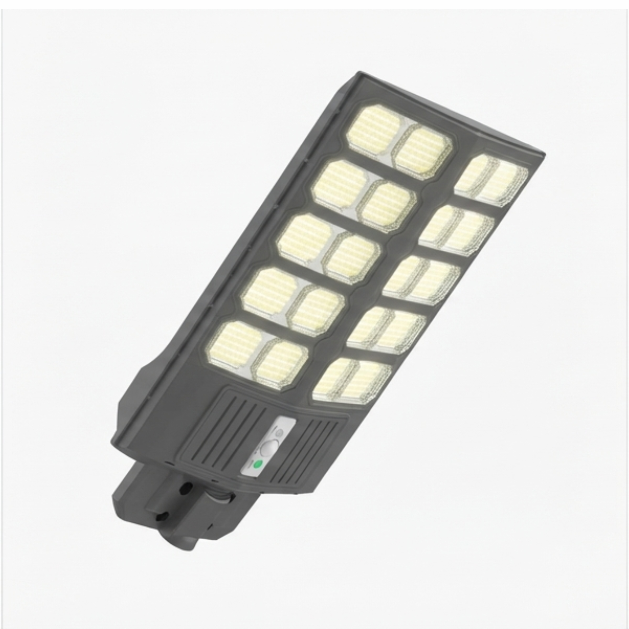 Una farola LED gris moderna con múltiples paneles brillantes sobre fondo blanco.