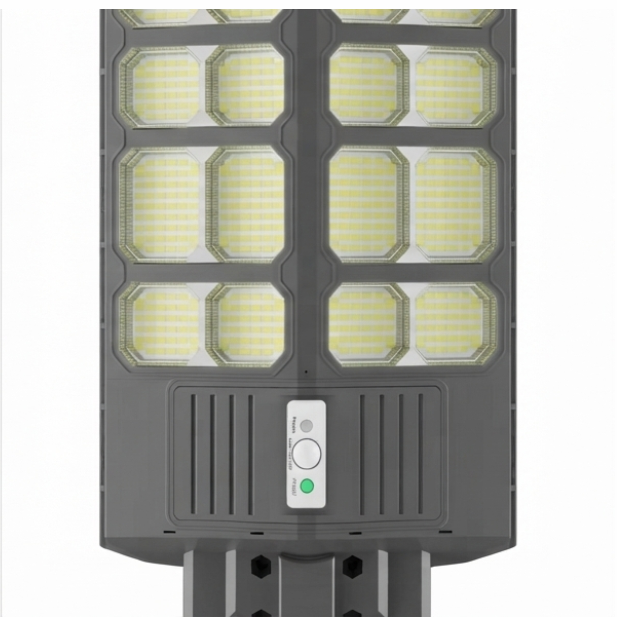 Farola LED gris con múltiples módulos de luz amarilla y un panel de control blanco en la parte inferior.