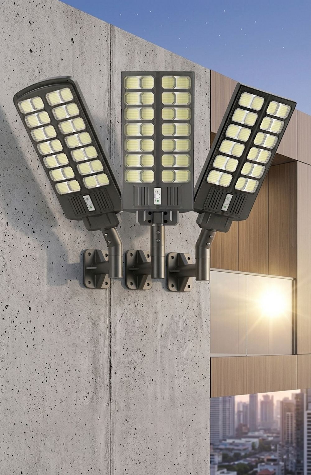 Tres farolas solares LED montadas en una pared de hormigón con un horizonte al atardecer.