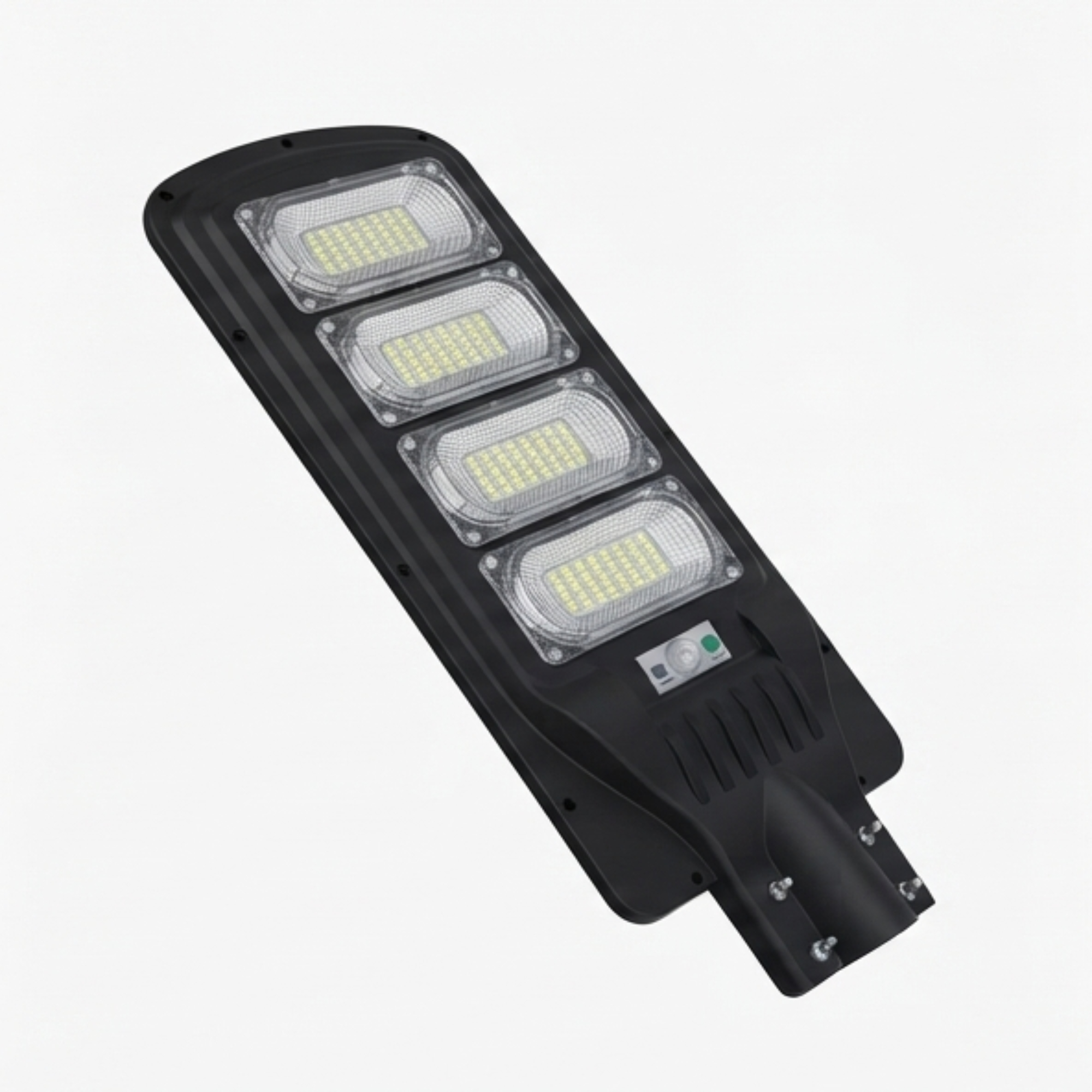 Una farola LED negra con cuatro paneles rectangulares de diodos amarillos brillantes sobre un fondo liso.