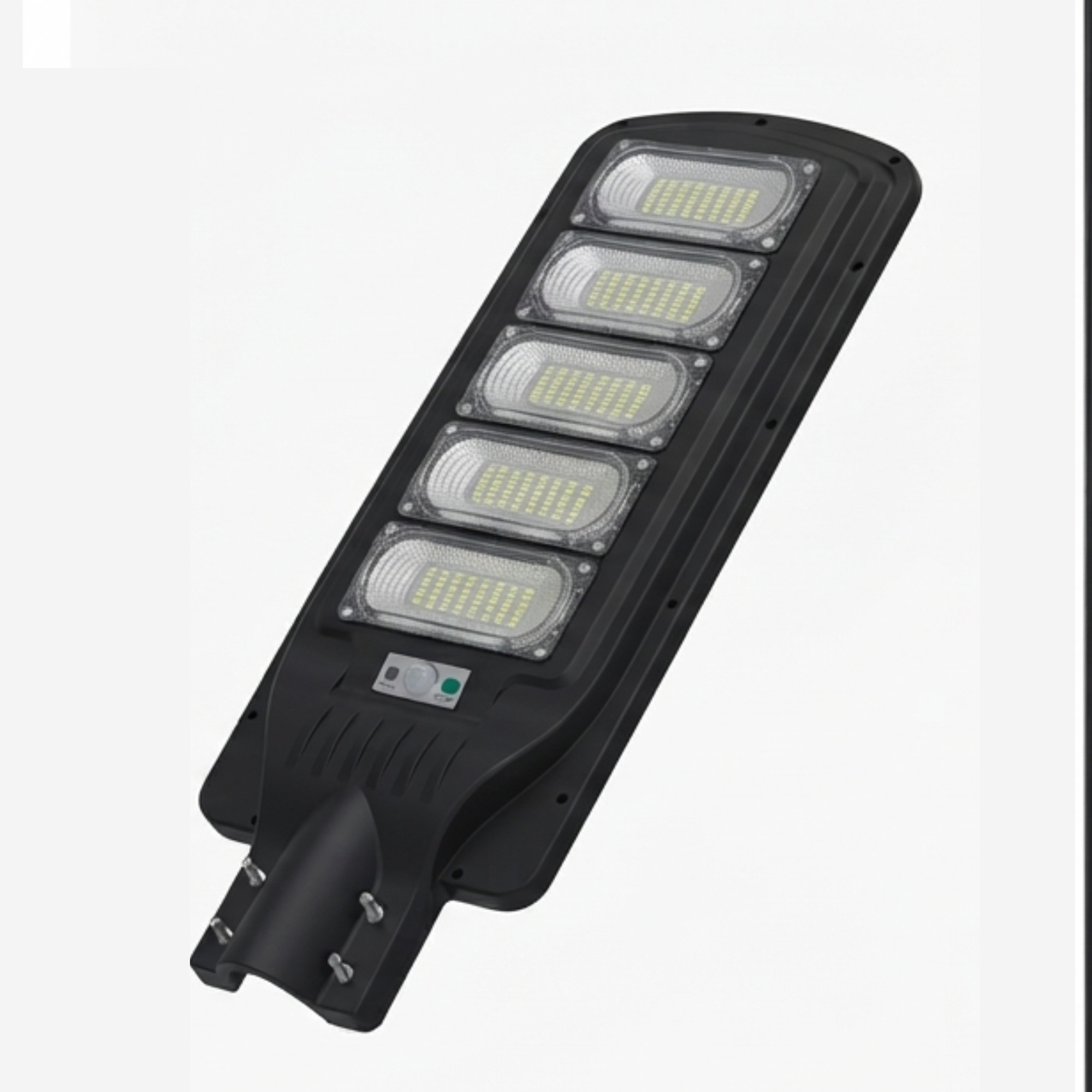 Farola LED negra con cinco paneles de luz rectangulares y un pequeño sensor de movimiento sobre fondo blanco.