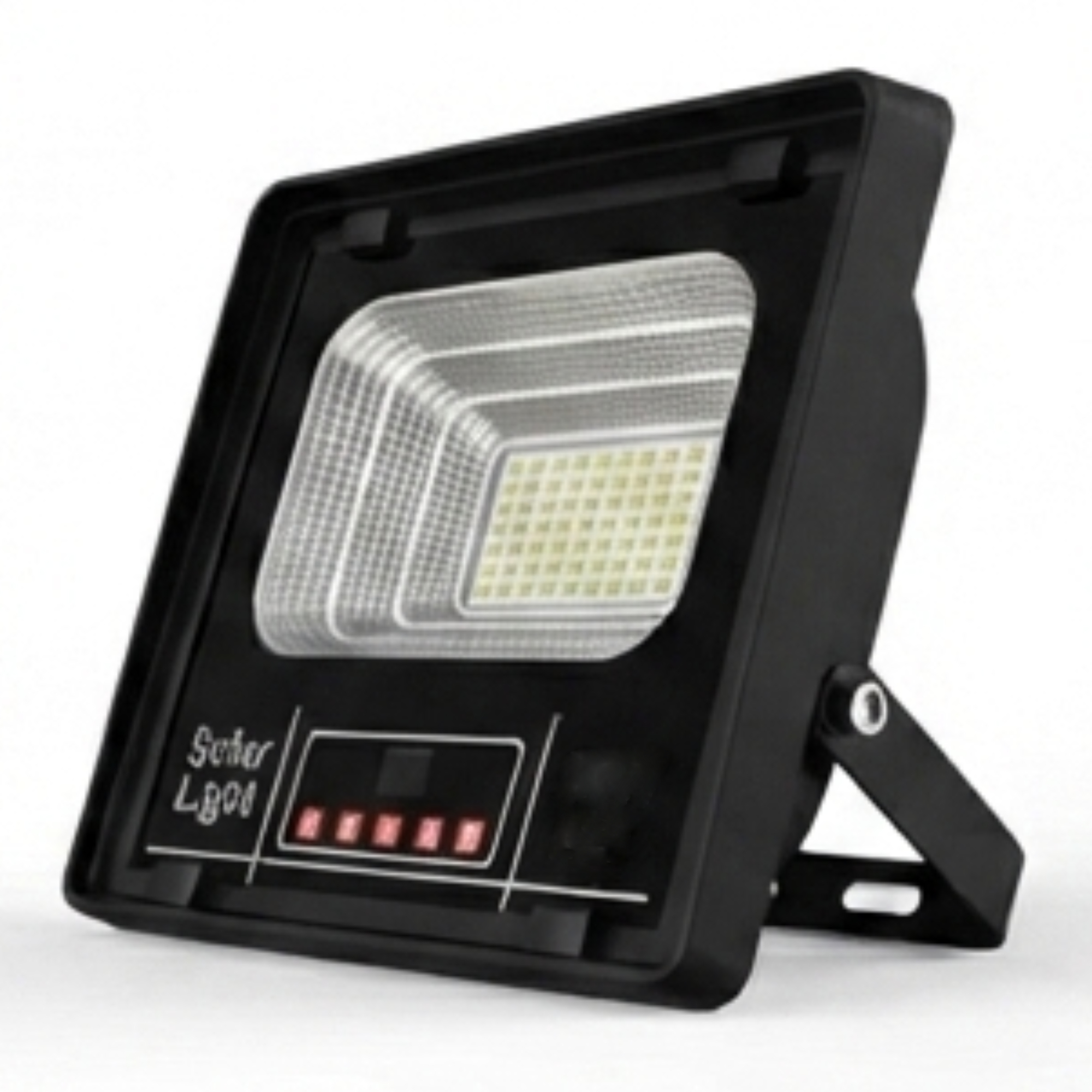 Un proyector LED negro con un soporte ajustable sobre un fondo blanco.