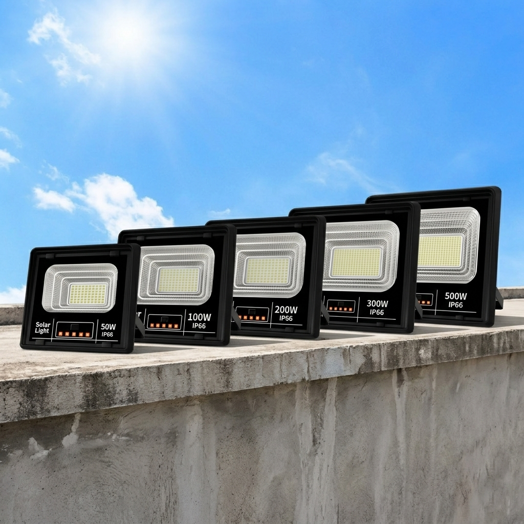 Cinco reflectores LED solares negros de tamaño creciente, de 50W a 500W, alineados en un repisa de hormigón.