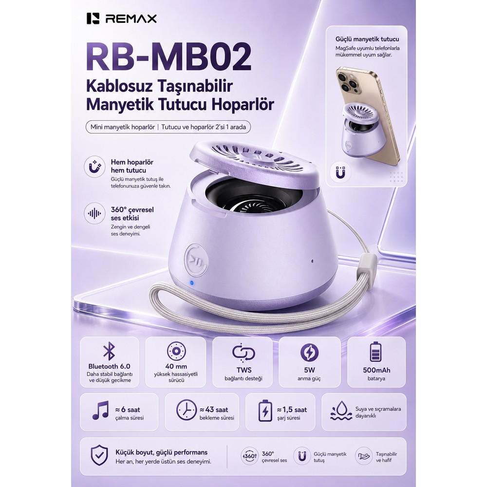 Lavanta rengi kablosuz taşınabilir Remax RB-MB02 manyetik hoparlör reklamı, teknik özellikleri ve tasarımı gösteriyor.
