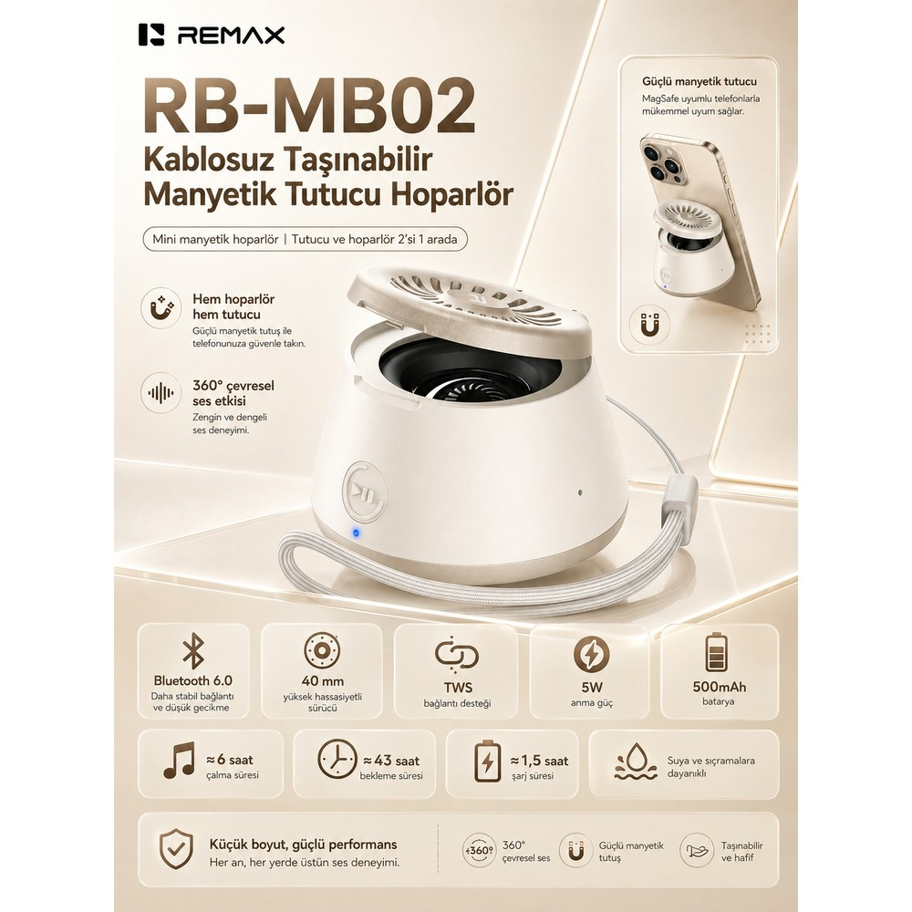 Krem rengi taşınabilir manyetik Bluetooth hoparlör Remax RB-MB02 için tanıtım afişi.