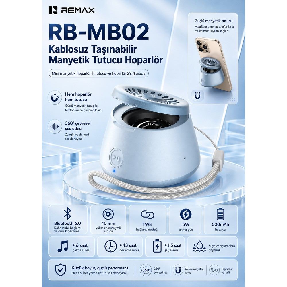 Remax RB-MB02 kablosuz taşınabilir manyetik tutuculu hoparlör için hazırlanan tanıtım afişi.