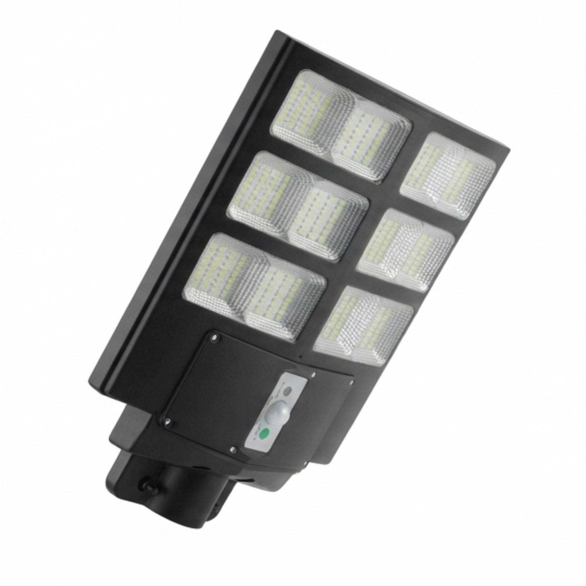 Farola LED negra con ocho paneles rectangulares y un sensor de movimiento en la parte inferior.